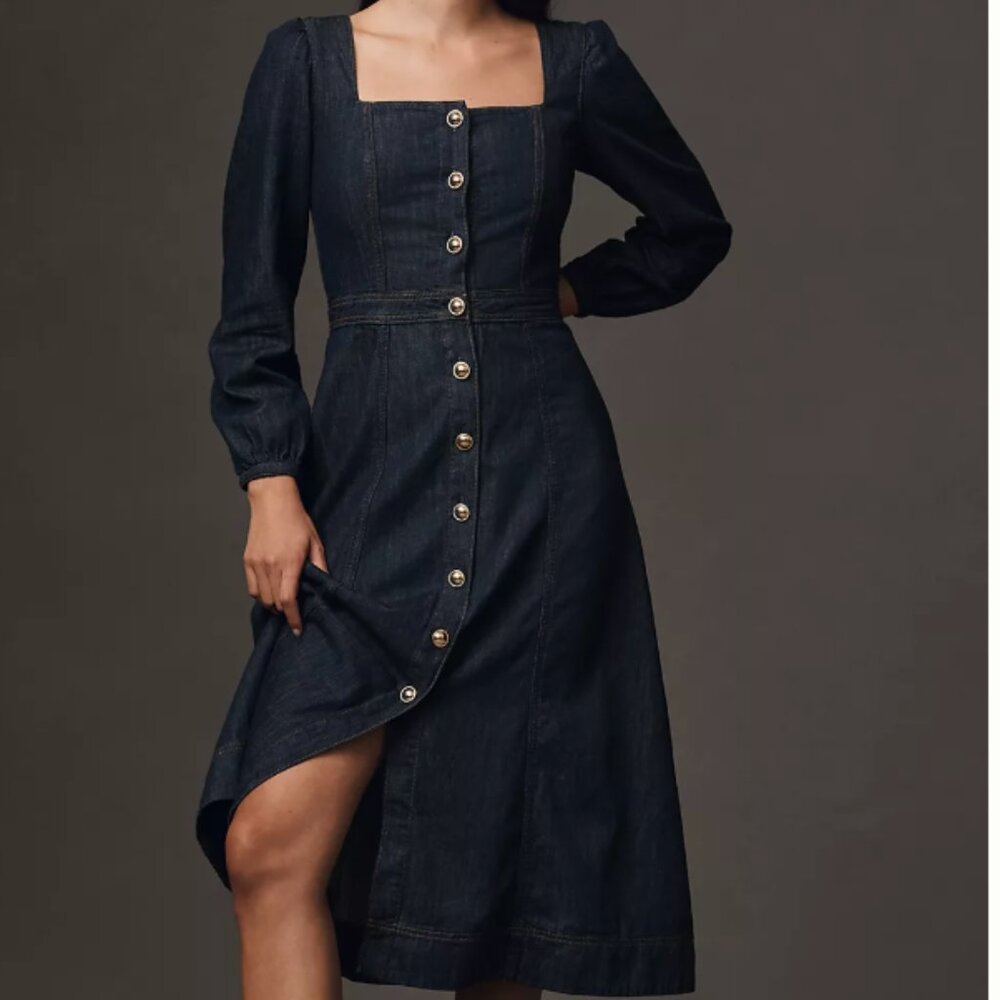 NWT Reformation Celeste Denim Maxi Dress Blue Buttoned Long Sleeve jean 8 gold